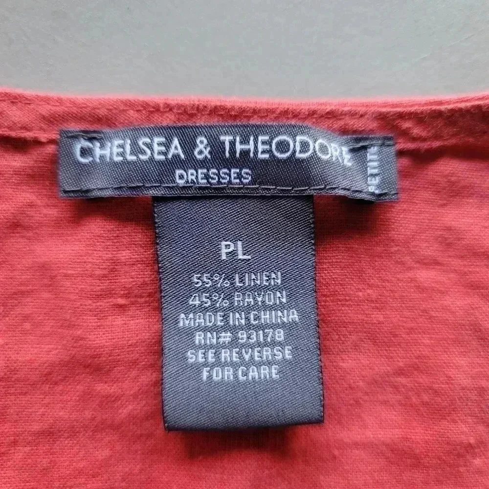 Chelsea & Theodore Dress PL Petite Women's Red Linen Blend Button Front Long Sle